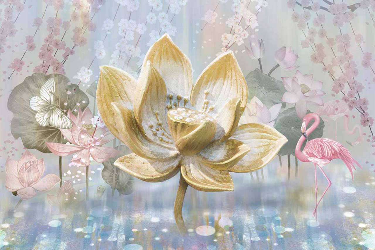 Фотообои в интерьере фламинго и цветок лотоса  7-438 фото