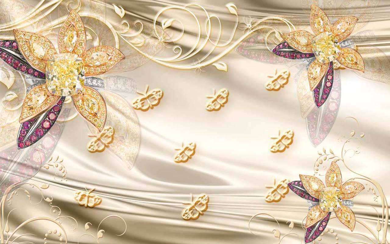 Фотообои в интерьере 3д золотые цветы с виньетками  10-481 фото