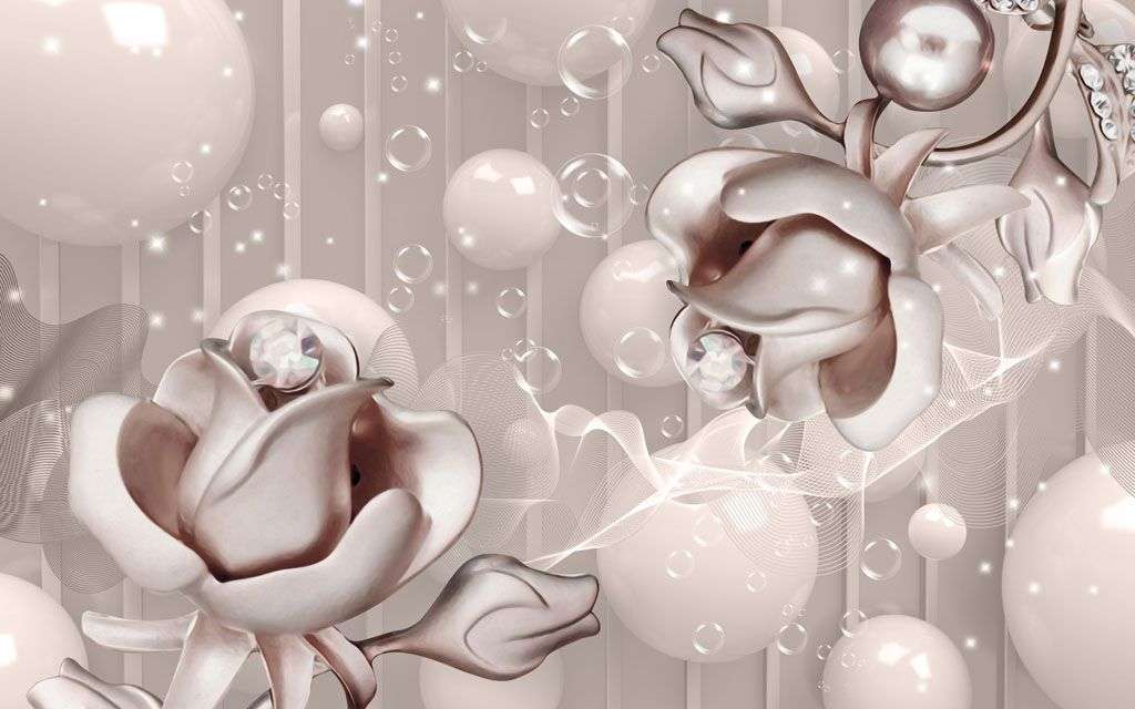 Фотообои в интерьере 3д платиновые цветы  10-652 фото