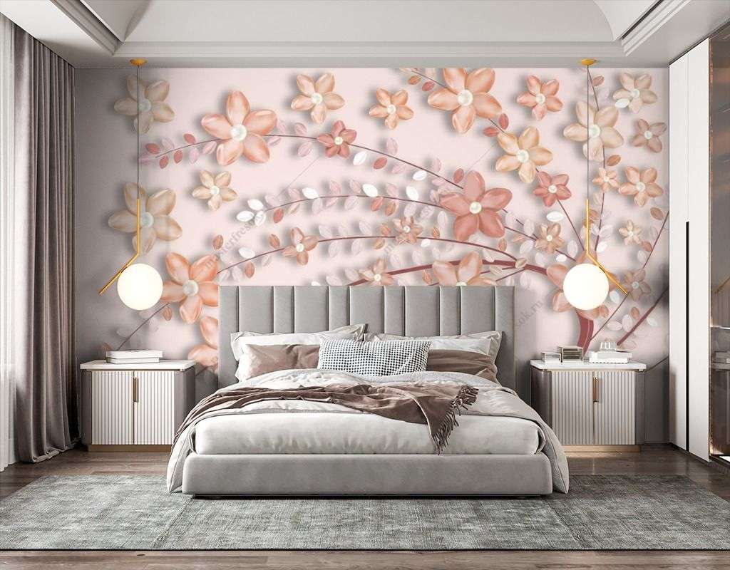 Фотообои в интерьере объёмное дерево с цветами  14-633 фото