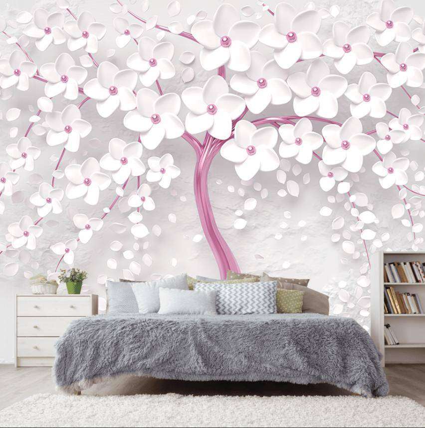 Фотообои в интерьере дерево 3д с цветами  10-746 фото