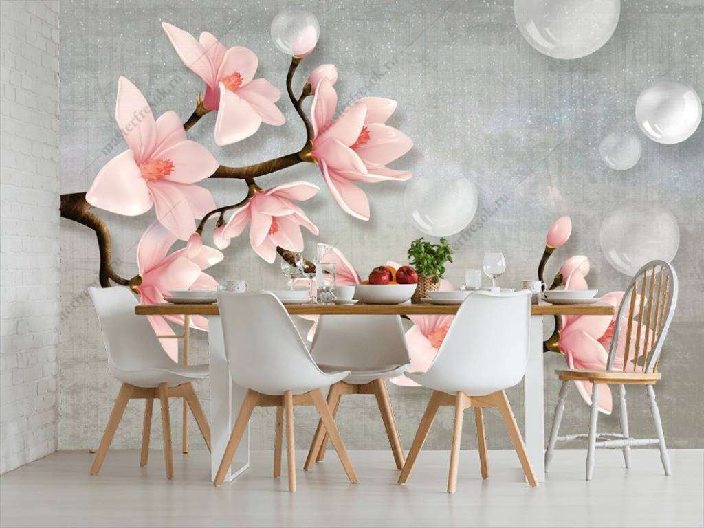 Фотообои в интерьере 3д сакура на сером  10-649 фото