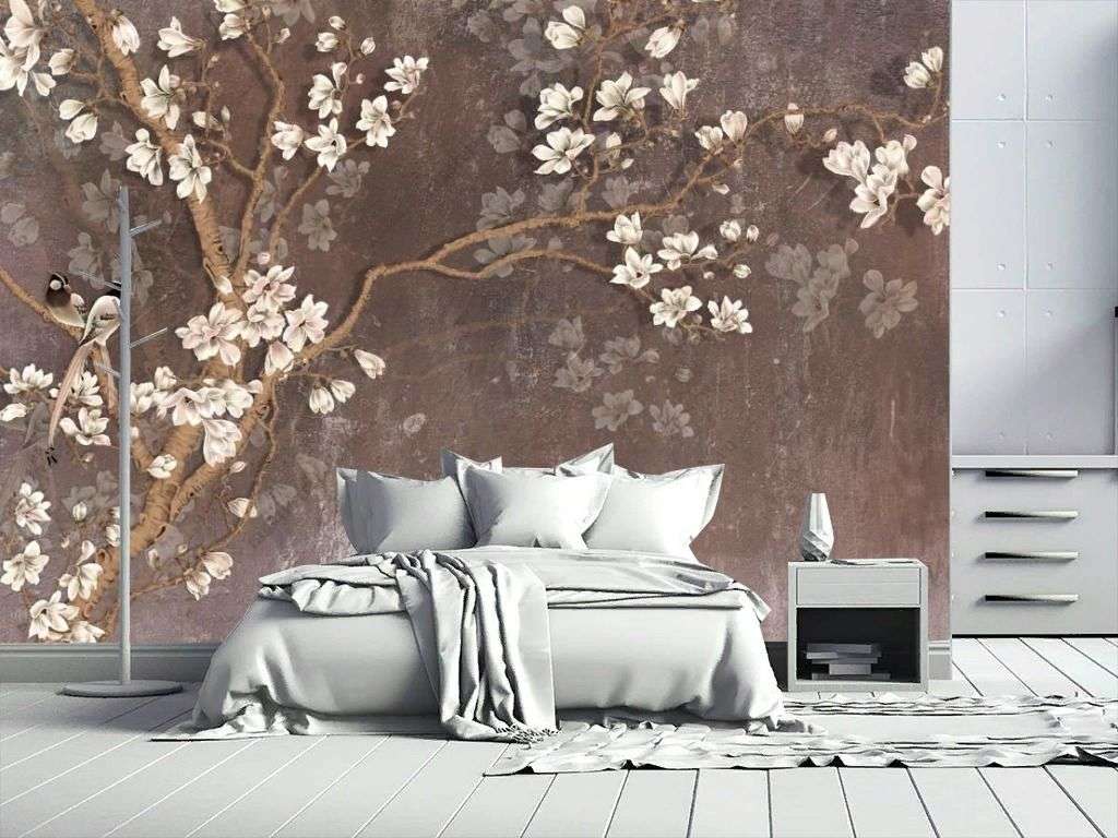 Фотообои в интерьере 3д белая сакура  10-914 фото