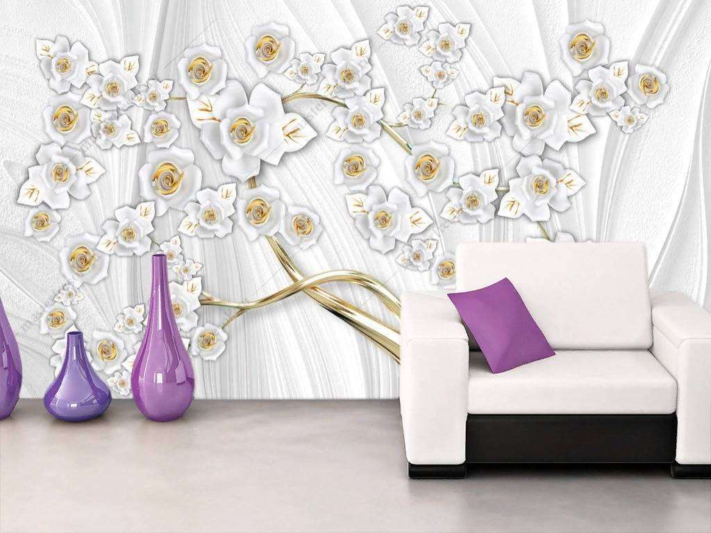 Фотообои в интерьере 3д золотое дерево на белом фоне  10-853 фото