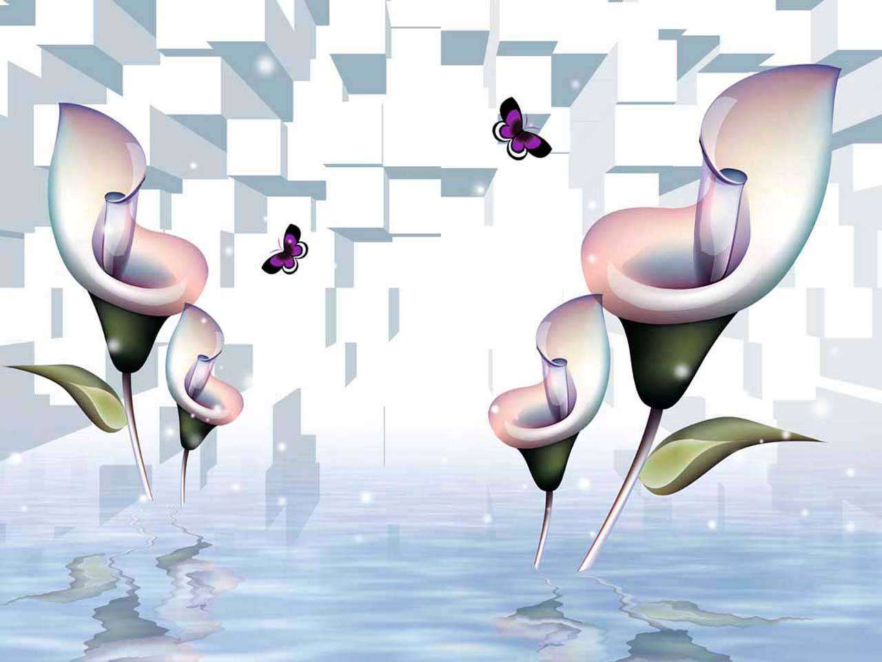 Фотообои в интерьере 3д каллы на воде  10-391 фото