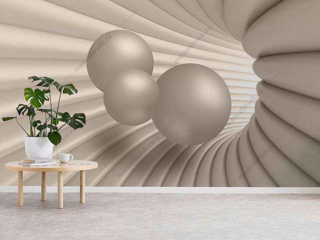 Фотообои в интерьере 3д шары золотые в воронке  9-1849 фото