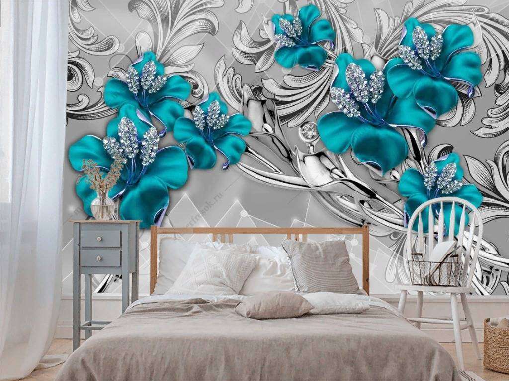 Фотообои в интерьере 3д драгоценные цветы  10-854 фото