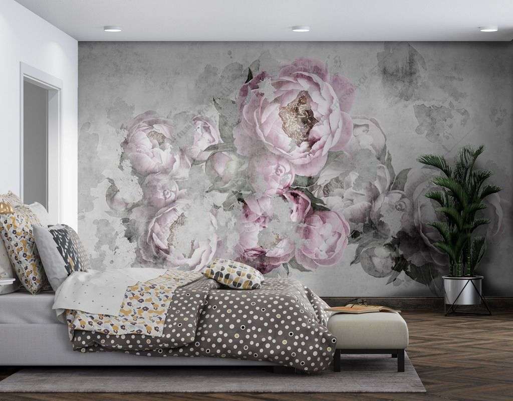 Фотообои в интерьере пионы на сером фоне  9-1605 фото