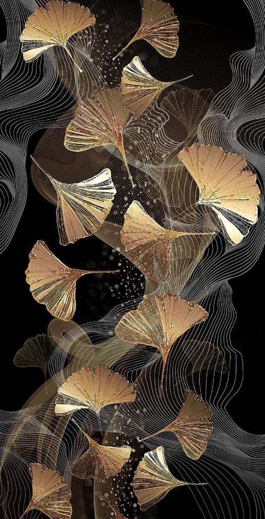 Фотообои в интерьере золотые листья на черном фоне  9-1435 фото