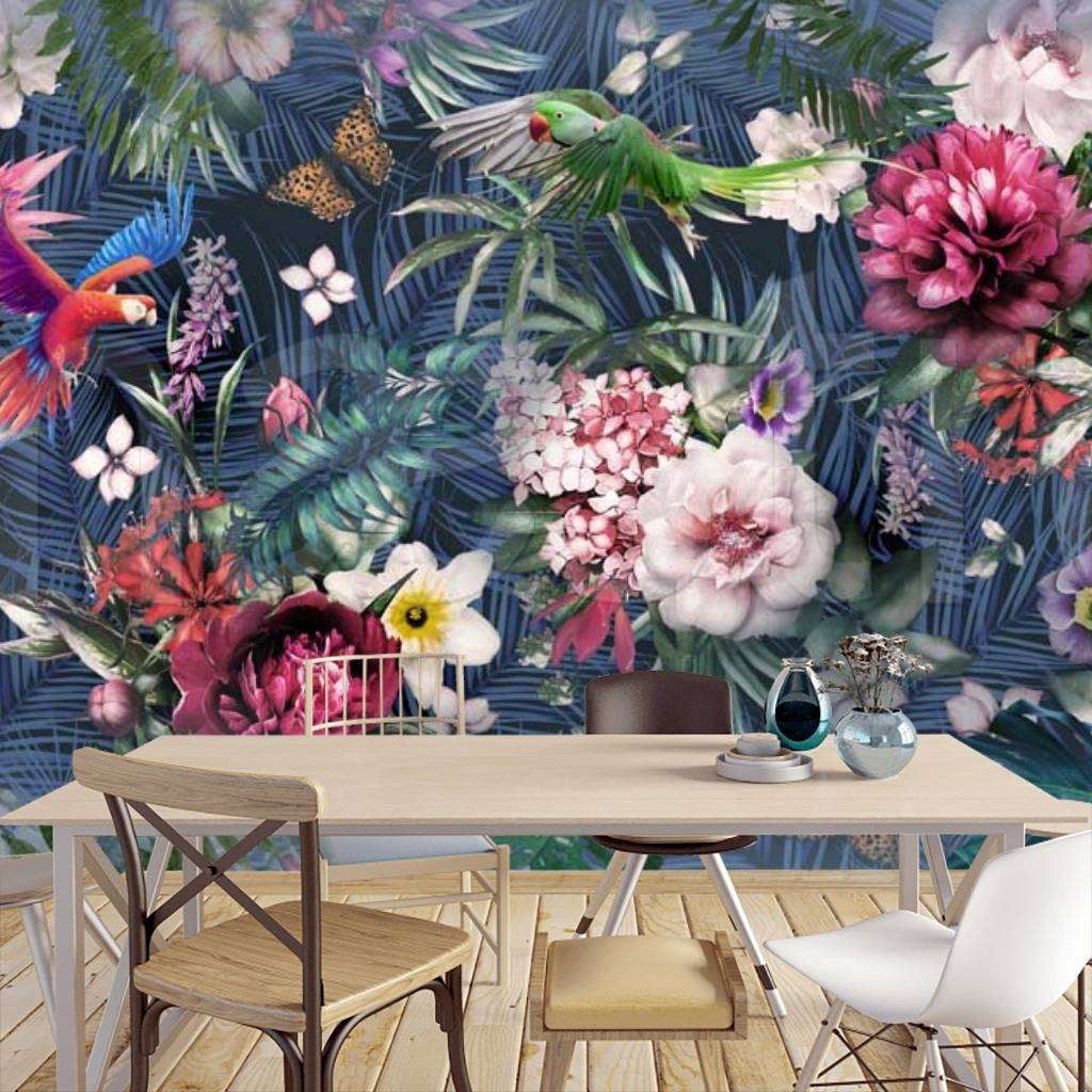 Фотообои в интерьере цветущий сад с попугаями  7-549 фото
