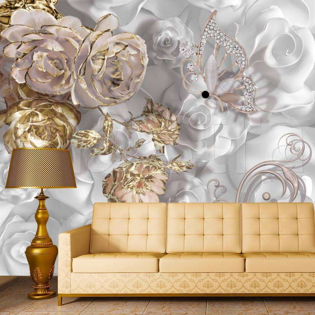 Фотообои Стереоскопические цветы золотые и серые  7-547