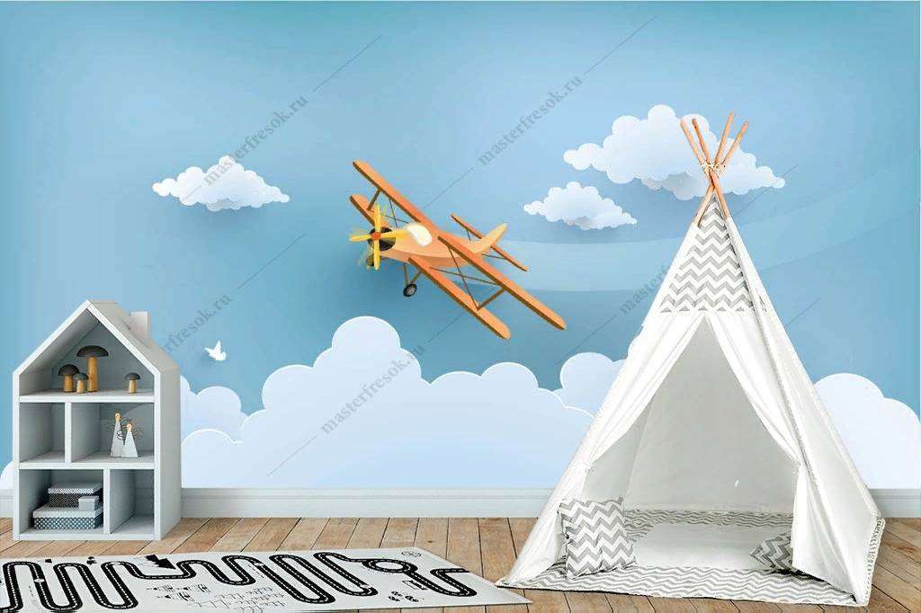 Фотообои в интерьере 3д горы и самолет  12-863 фото
