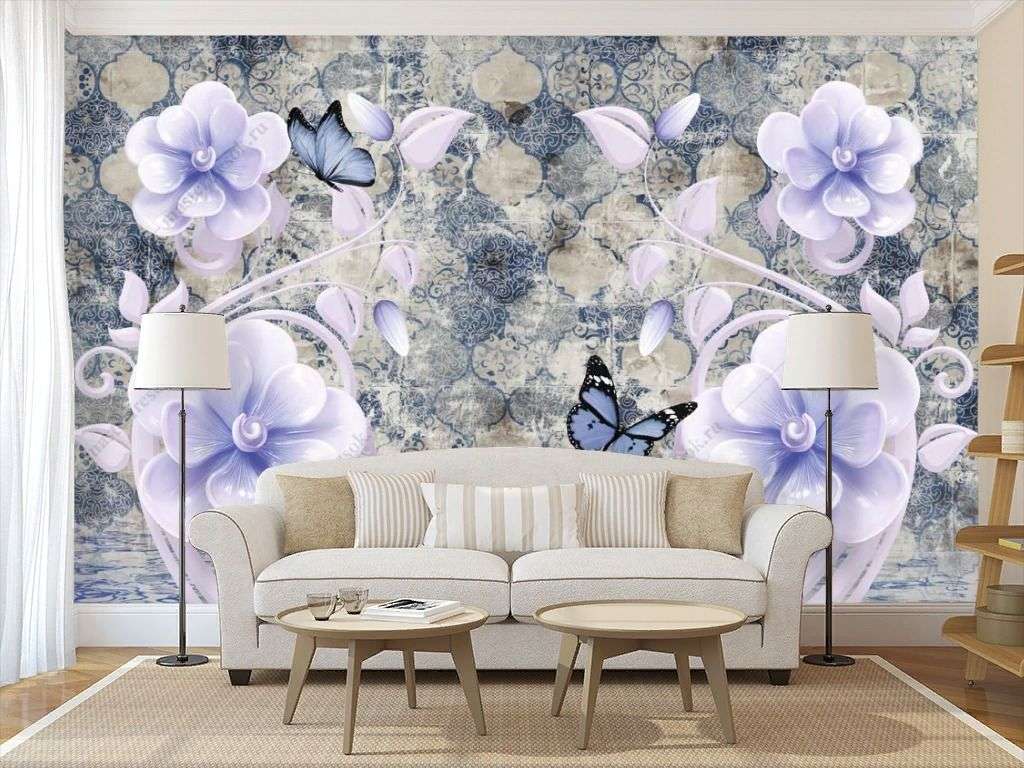 Фотообои в интерьере 3д цветы на синем фоне  10-909 фото