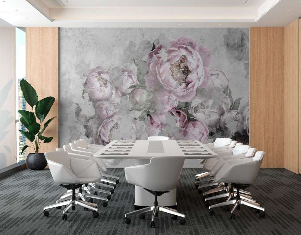 Фотообои в интерьере пионы на сером фоне  9-1605 фото