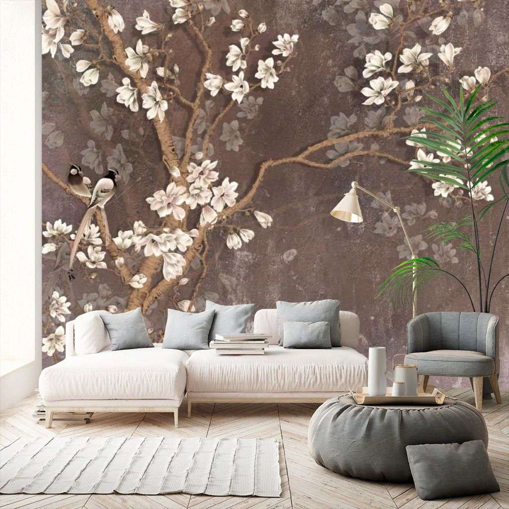 Фотообои в интерьере 3д белая сакура  10-914 фото