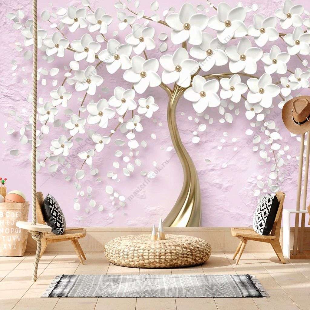 Фотообои в интерьере 3д дерево с белыми цветочками  10-889 фото
