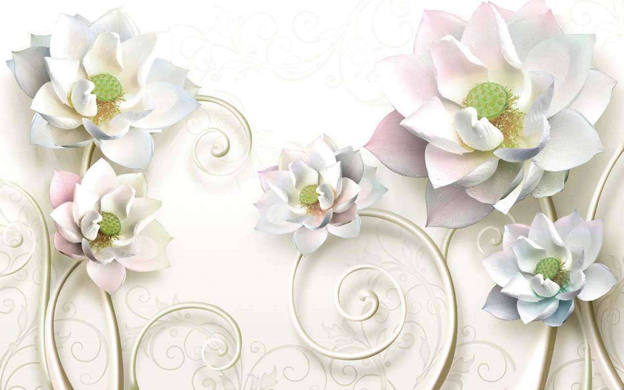 Фотообои в интерьере 3д цветы на белом фоне с завитками  10-523 фото