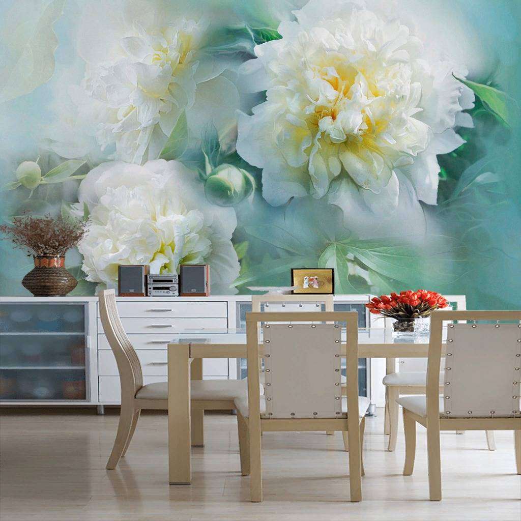 Фотообои в интерьере пион 3д в дымке  13-240 фото