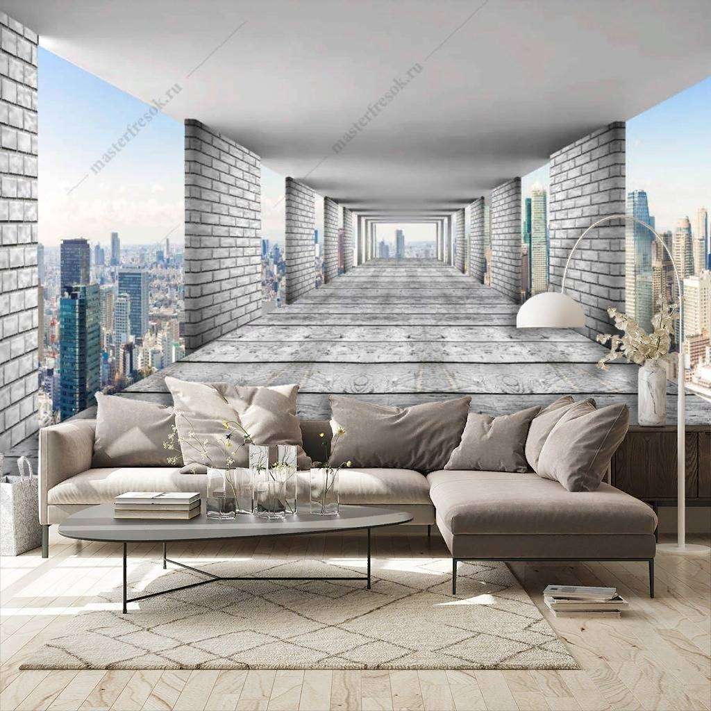 Фотообои в интерьере 3д тоннель расширяющий пространство  10-838 фото