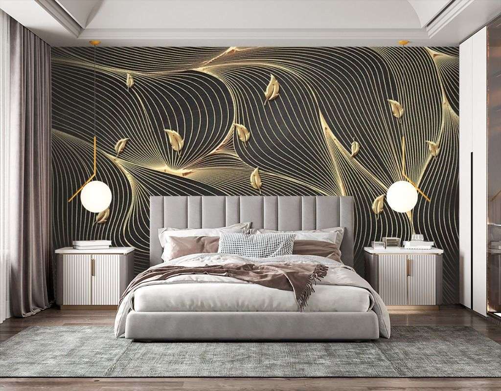 Фотообои в интерьере золотые линии на черном фоне  14-511 фото