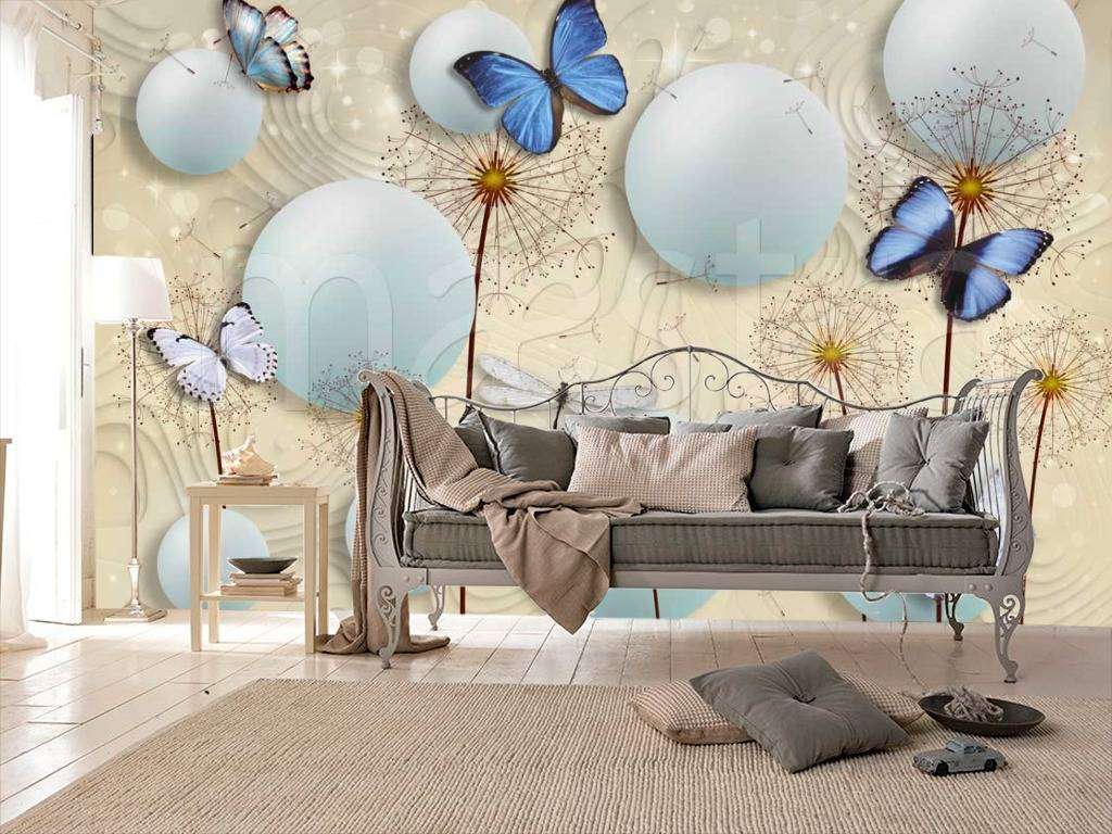 Фотообои в интерьере стереоскопические одуванчики с объемными шарами и бабочками  7-475 фото