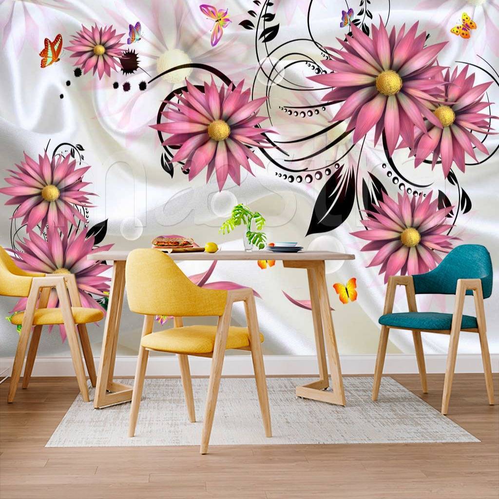 Фотообои 3д розовые цветы на белом шелке с черными виньетками  10-513