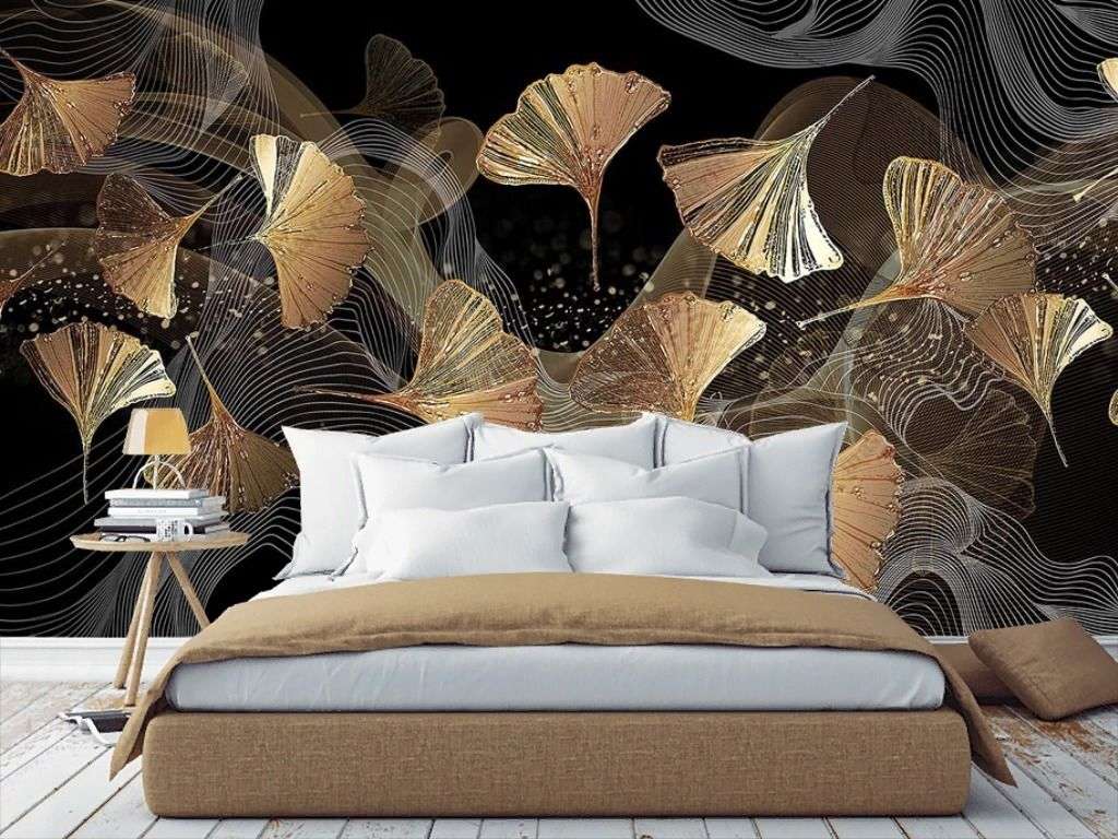 Фотообои в интерьере золотые листья и нити  9-1436 фото