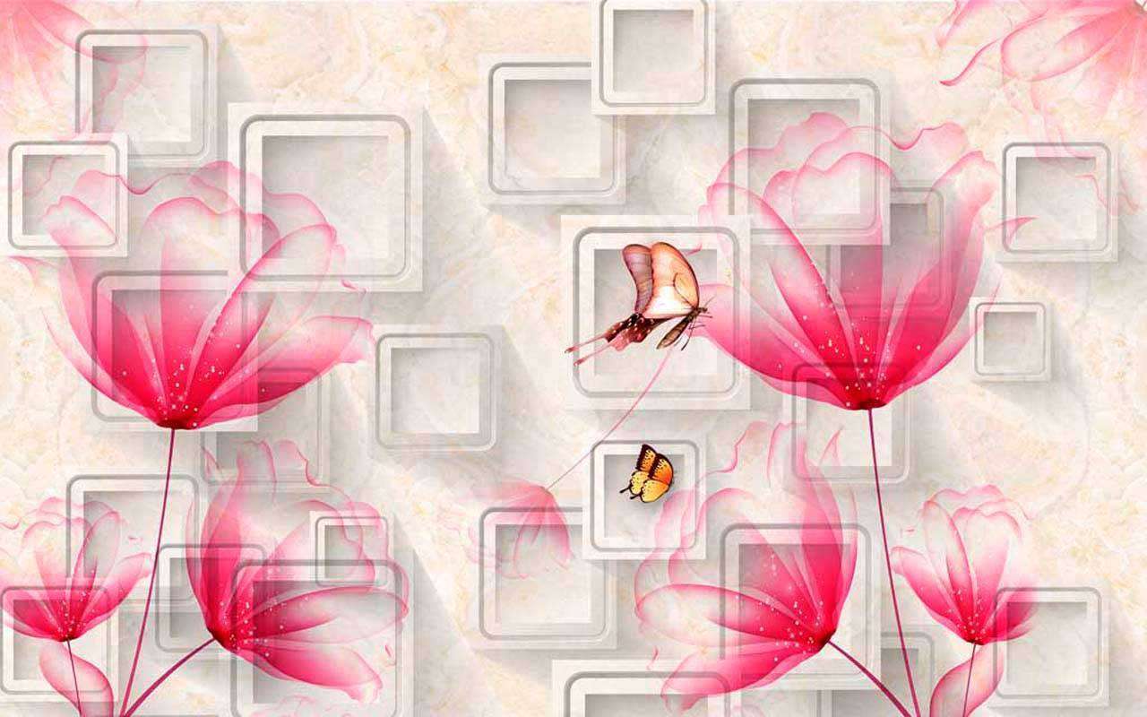 Фотообои в интерьере 3д объемные цветы на сером фоне  10-421 фото