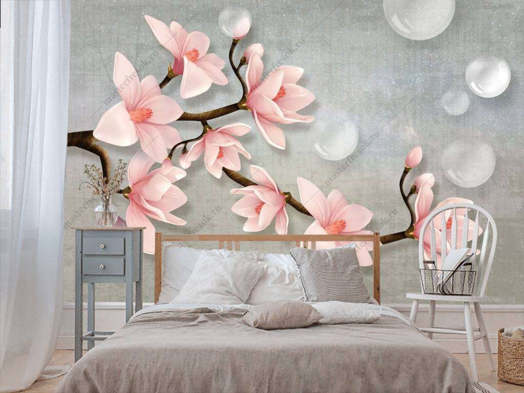 Фотообои в интерьере 3д сакура на сером  10-649 фото