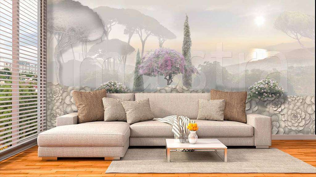 Фотообои в интерьере 3д пейзаж в дымке  7-757 фото
