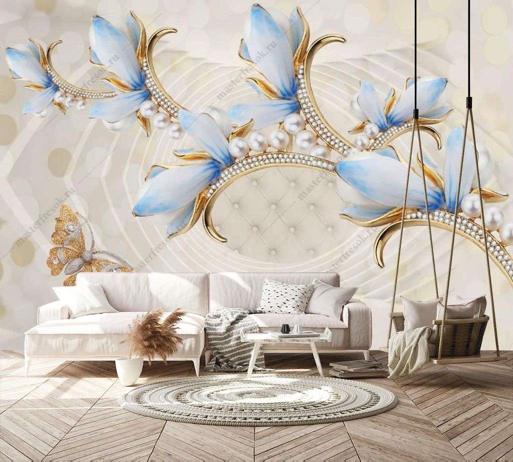 Фотообои в интерьере 3д голубые лепестки  10-922 фото
