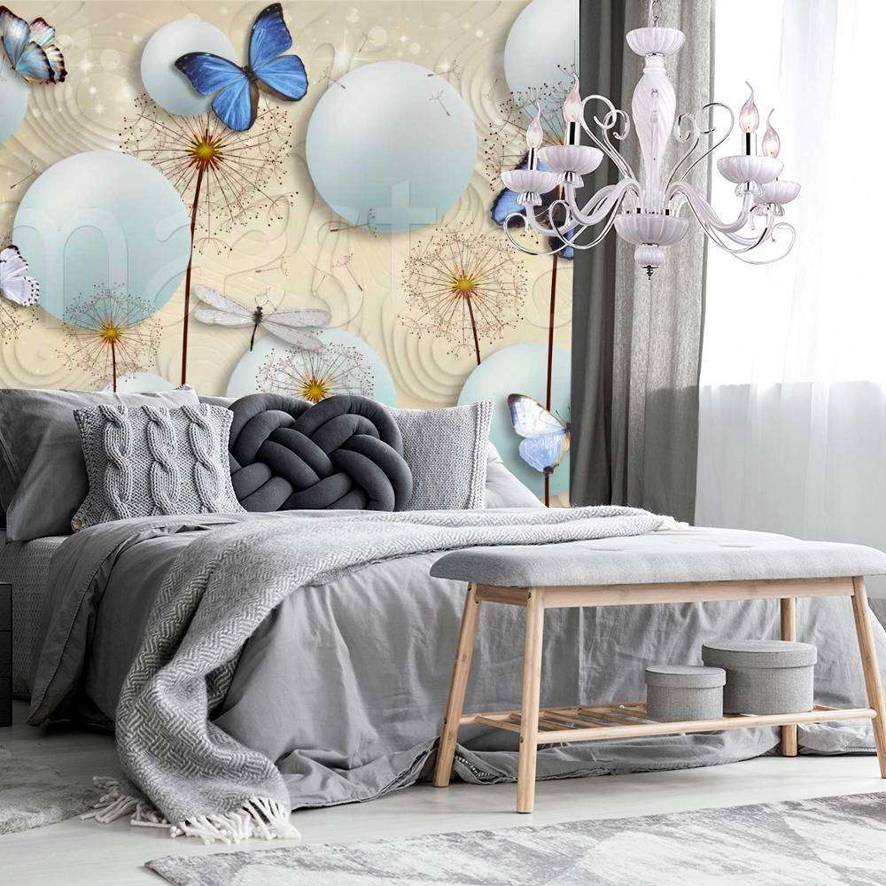 Фотообои Стереоскопические одуванчики с объемными шарами и бабочками  7-475