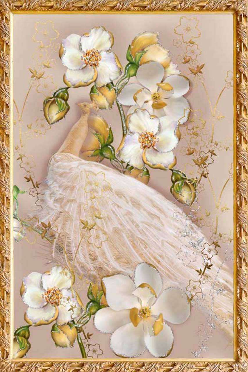 Фотообои в интерьере белый павлин и белые орхидеи  7-548 фото