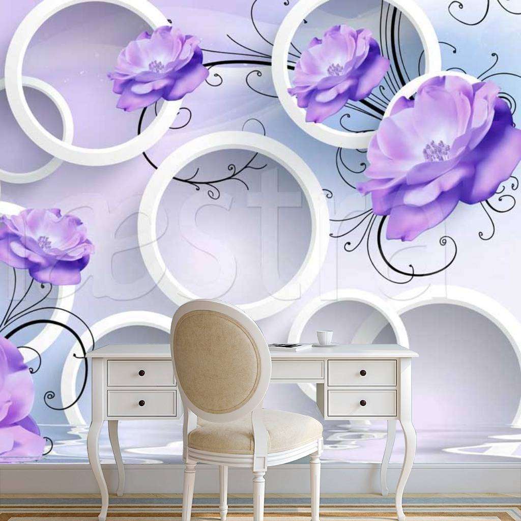 Фотообои Объемные сиреневые цветы на воде и 3д фоне  10-394