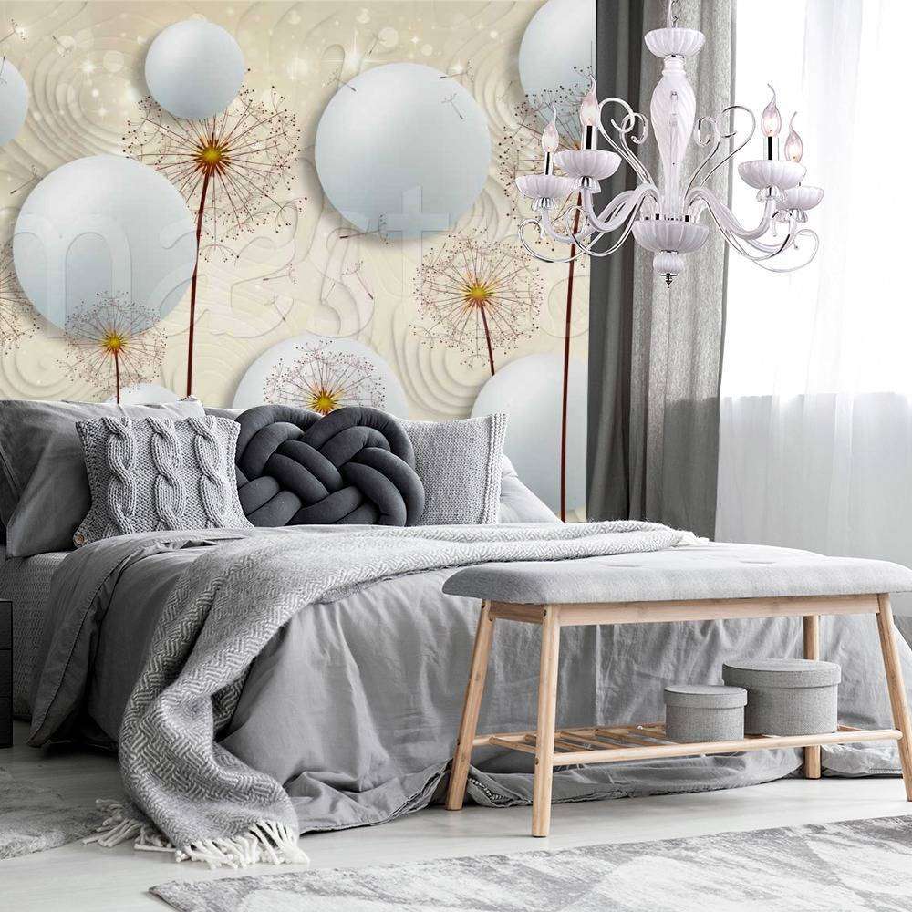 Фотообои в интерьере стереоскопические одуванчики с объемными шарами  7-476 фото