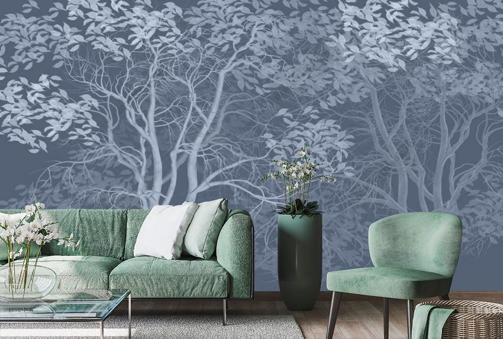 Фотообои Белые деревья на синем фоне  13-358