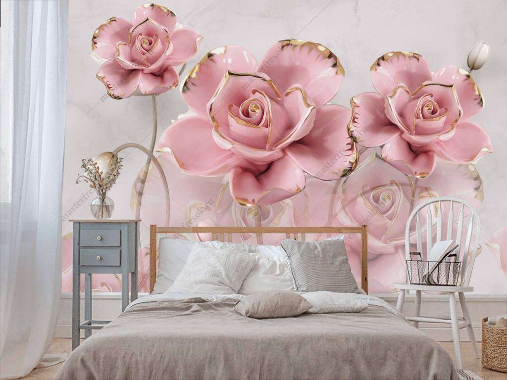 Фотообои в интерьере 3д розы розовые  10-661 фото