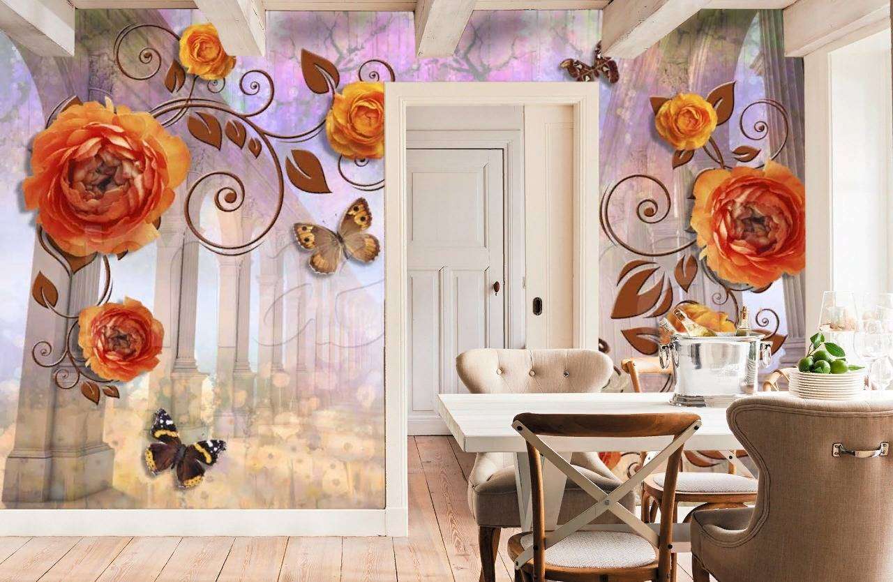 Фотообои в интерьере 3д с цветами и бабочками  7-487 фото