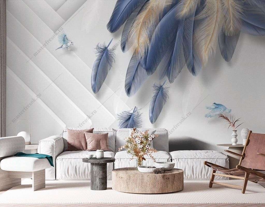Фотообои в интерьере синие перья  9-1668 фото