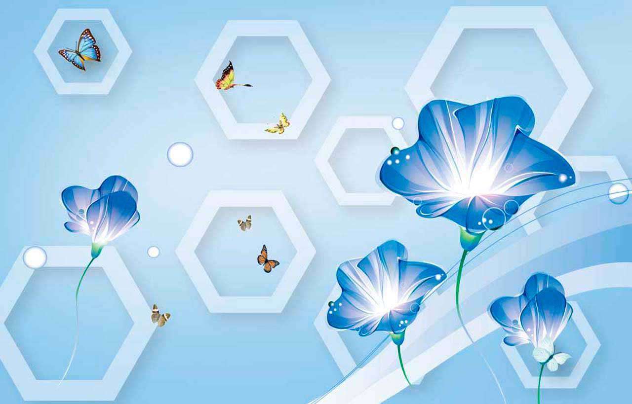 Фотообои в интерьере голубые цветы на 3д фоне  10-427 фото