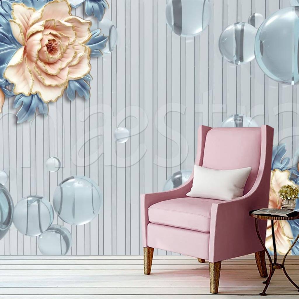 Фотообои 3д цветы и шары на синем полосатом фоне  10-541