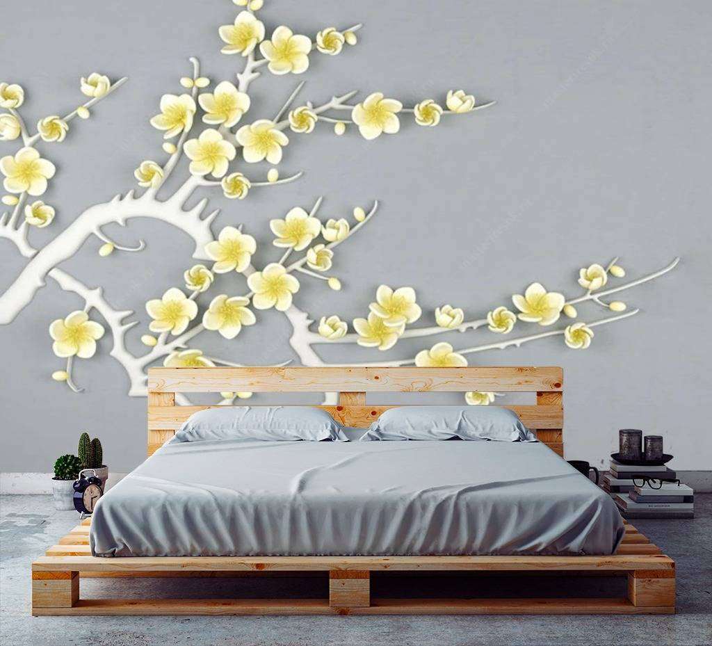 Фотообои в интерьере веточка с желтыми цветами  15-599 фото