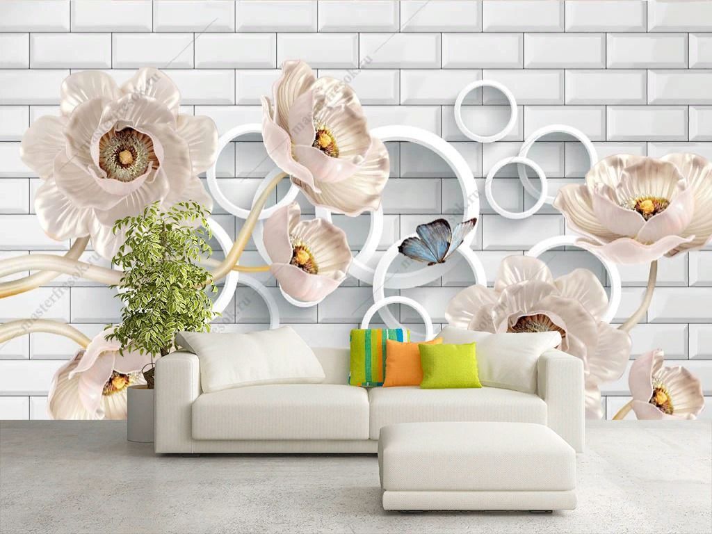 Фотообои 3д Бежевые цветы на стене  10-906