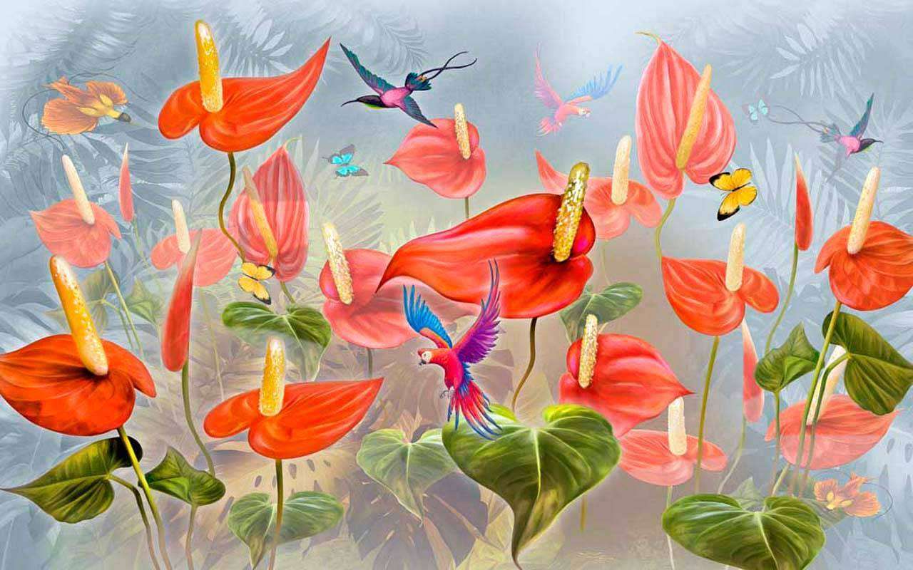 Фотообои в интерьере красные цветы антуриум  7-503 фото