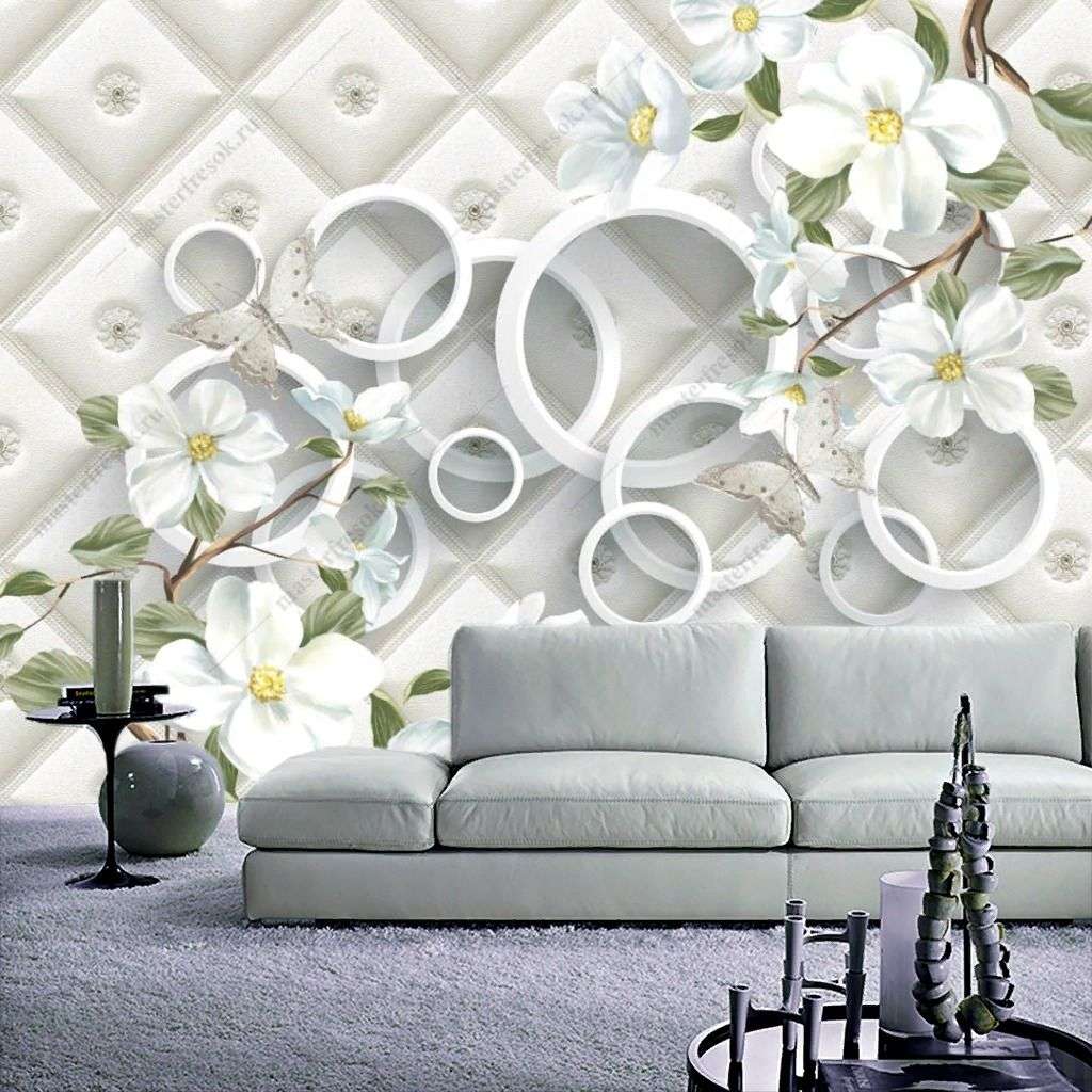 Фотообои в интерьере 3д белые круги с цветами  10-904 фото