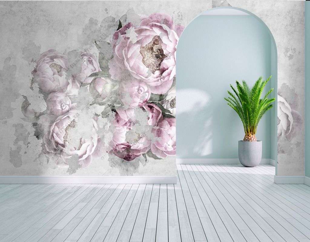 Фотообои в интерьере пионы на сером фоне  9-1605 фото