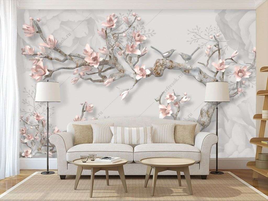 Фотообои в интерьере 3д сакура с розовыми лепестками  10-927 фото