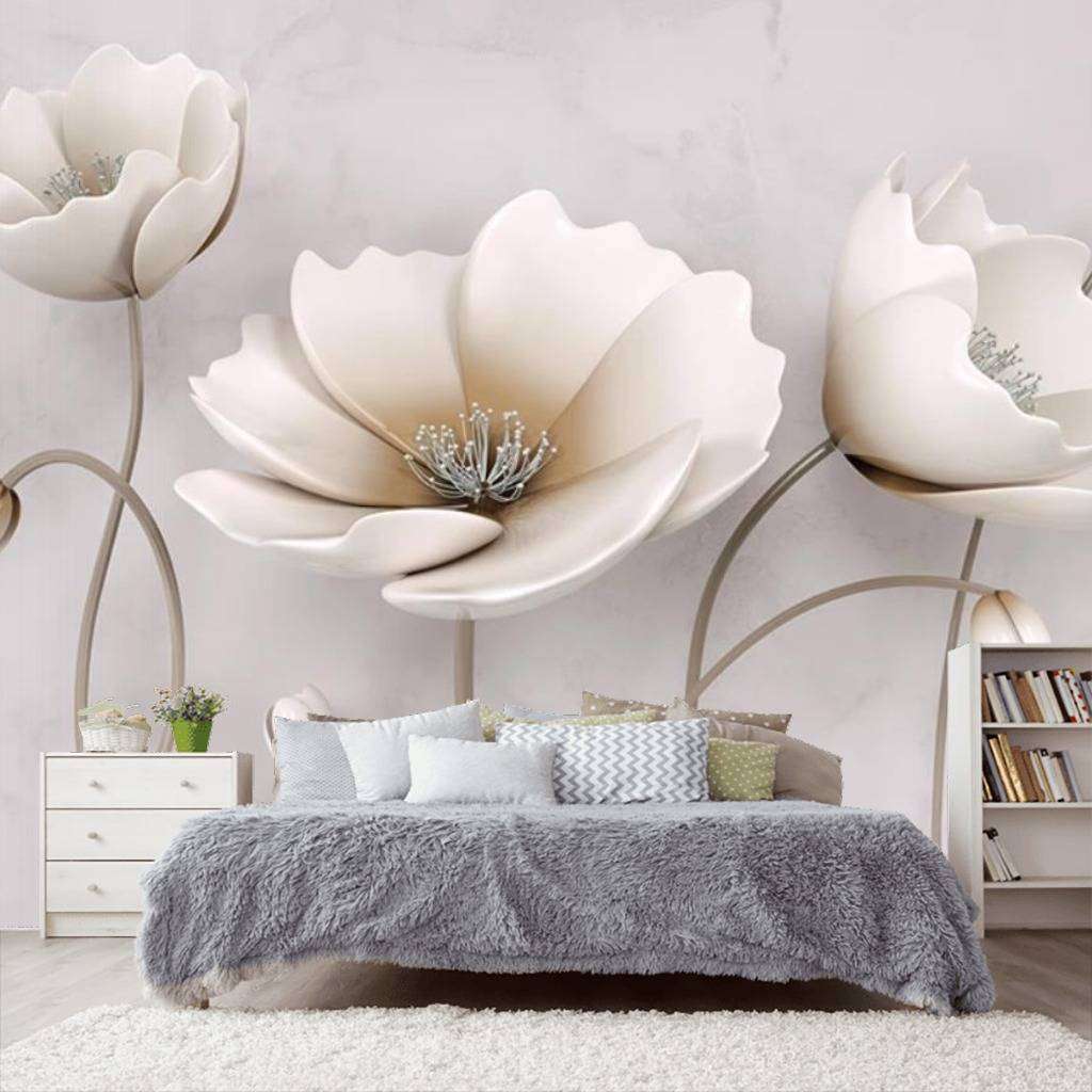 Фотообои в интерьере 3д серые цветы  15-482 фото