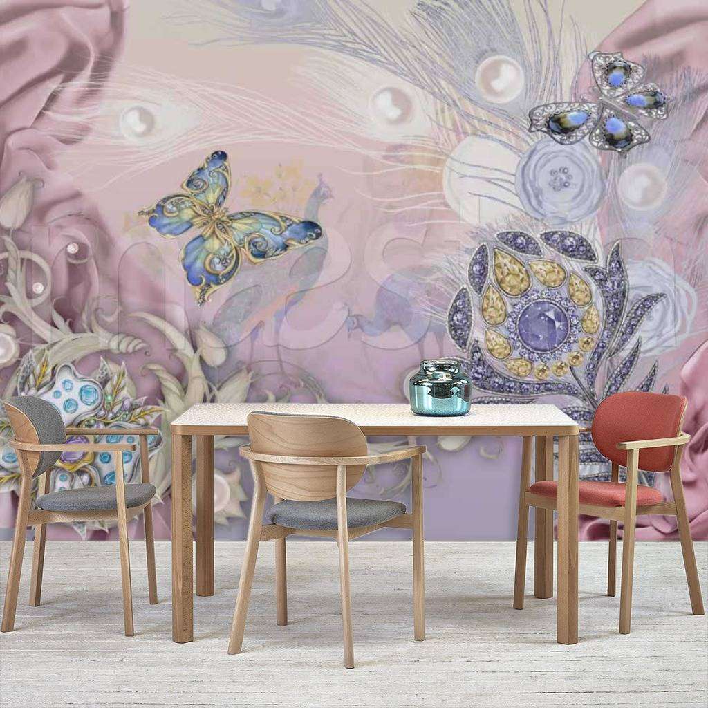 Фотообои в интерьере цветы и голубые бабочки 3д  7-422 фото