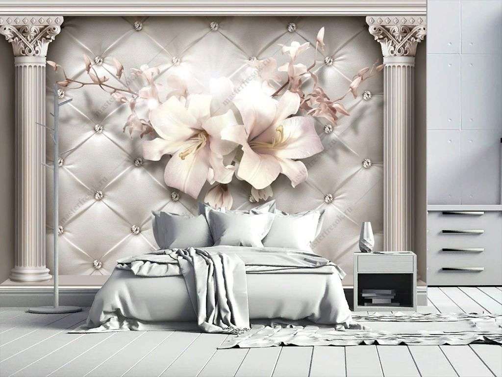 Фотообои в интерьере 3д цветы и колонны  10-899 фото